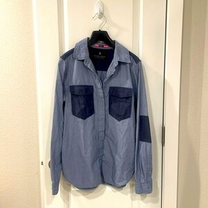 Maison Scotch button up navy patched shirt
